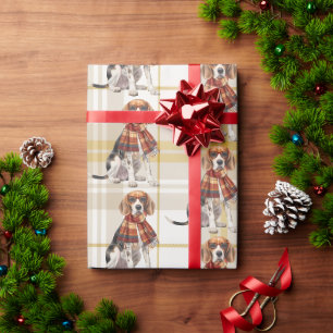 Beagle Dog with Autumn Plaid Monogrammed Wrapping Paper
