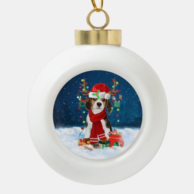 Beagle dog with Christmas gifts Ceramic Ball Christmas Ornament (Front)