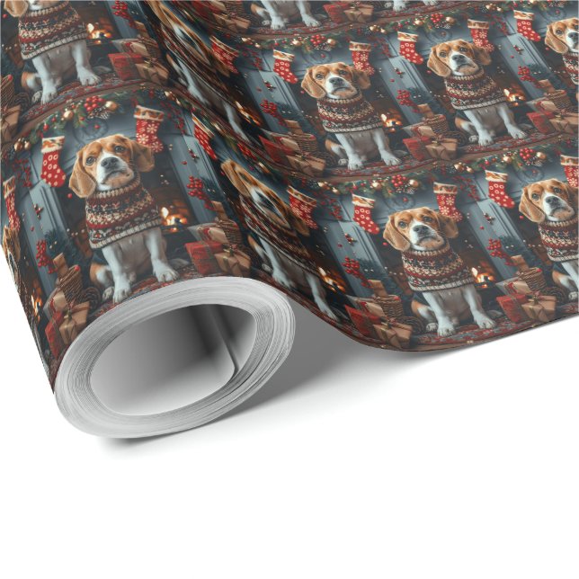 Beagle Dog With Christmas Gifts Fireplace Wrapping Paper (Roll Corner)