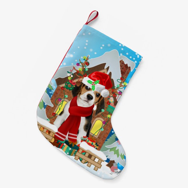 Beagle dog with Christmas gifts Small Christmas Stocking (Front (Hanging))