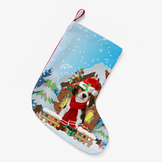 Beagle dog with Christmas gifts Small Christmas Stocking (Front (Hanging))