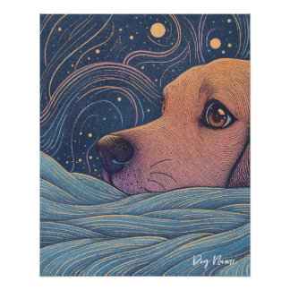 Beagle dog with starry sky and water 002 poster