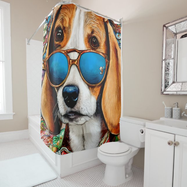 Beagle Dog with Sunglasses Shower Curtain (In Situ)