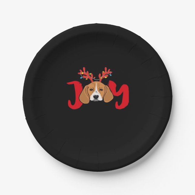 Beagle Dog Xmas Christmas Reindeer Antlers Light E Paper Plate (Front)