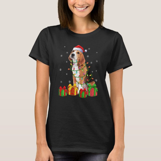 Beagle Dog Xmas Lighting Santa Hat Beagle Christma T-Shirt (Front)