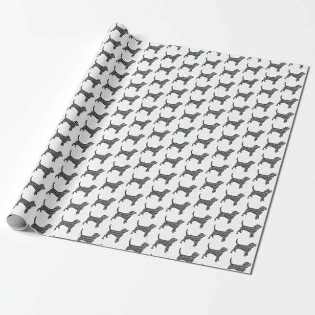 Beagle Dog Yellow & Black Grid Line White Wrapping Paper (Unrolled)