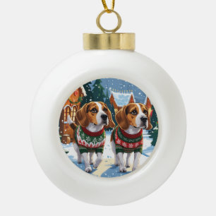 Beagle Dogs Christmas Snow Holiday Ceramic Ball Christmas Ornament
