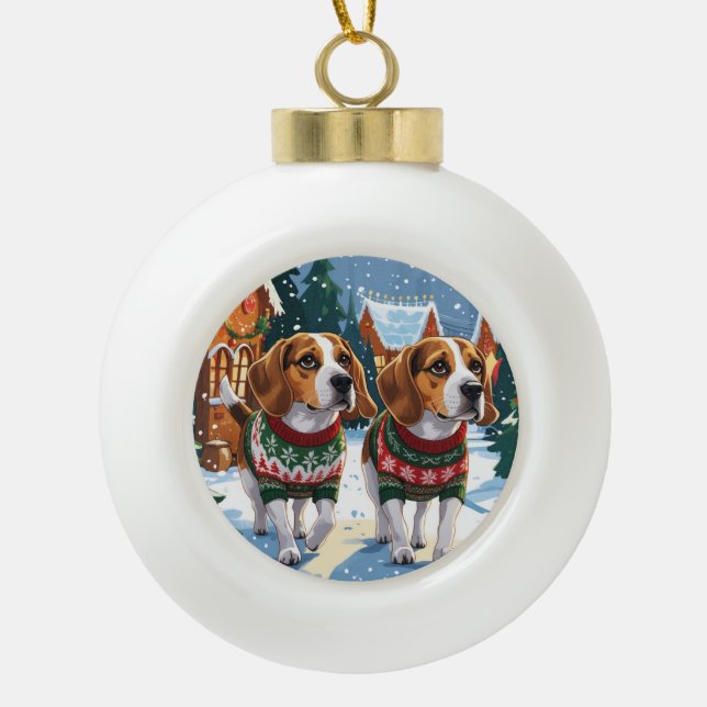 Beagle Dogs Christmas Snow Holiday Ceramic Ball Christmas Ornament (Front)