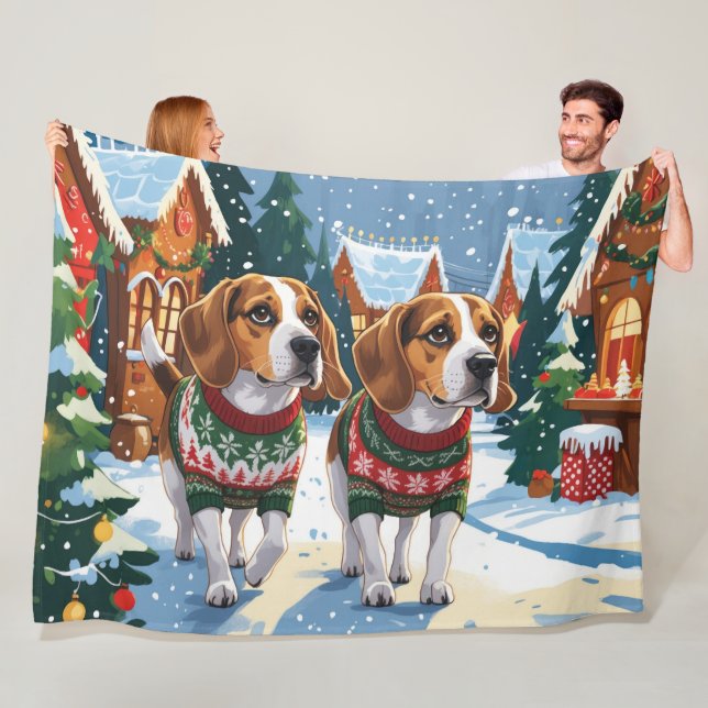 Beagle Dogs Christmas Snow Holiday Fleece Blanket (In Situ)
