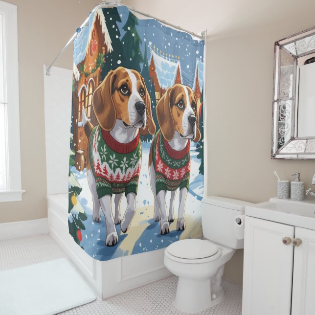 Beagle Dogs Christmas Snow Holiday Shower Curtain (In Situ)