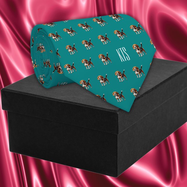 Beagle Dogs Pattern Monogrammed Veterinarian Tie (Beagle Dogs Pattern Monogrammed Veterinarian Neck Tie in teal color.)