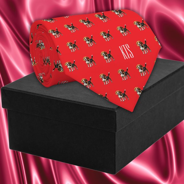 Beagle Dogs Pattern Monogrammed Veterinarian Tie (Beagle Dogs Pattern Monogrammed Veterinarian Neck Tie in red color.)