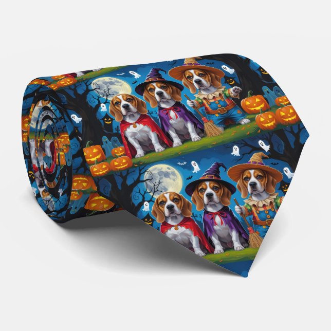 Beagle Dogs Pumpkin Halloween Funny Tie (Rolled)