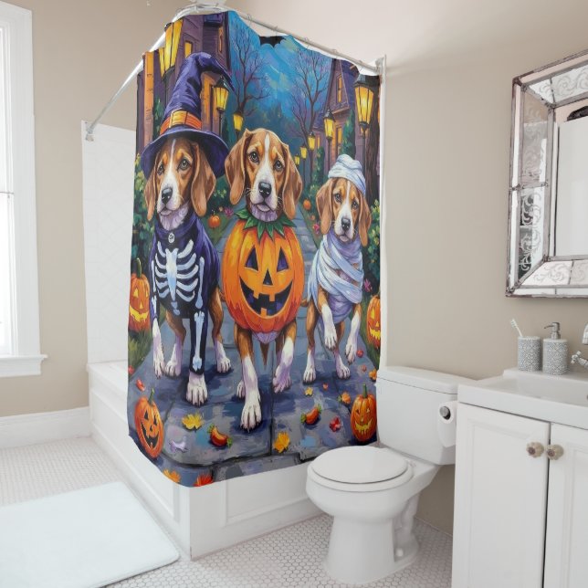 Beagle Dogs Trick-or-Treating in Halloween Costume Shower Curtain (In Situ)