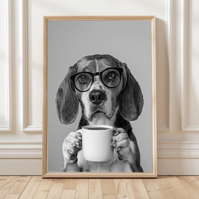 Beagle Drinking Coffee Wall Art, Black and White Poster (Creator Uploaded)