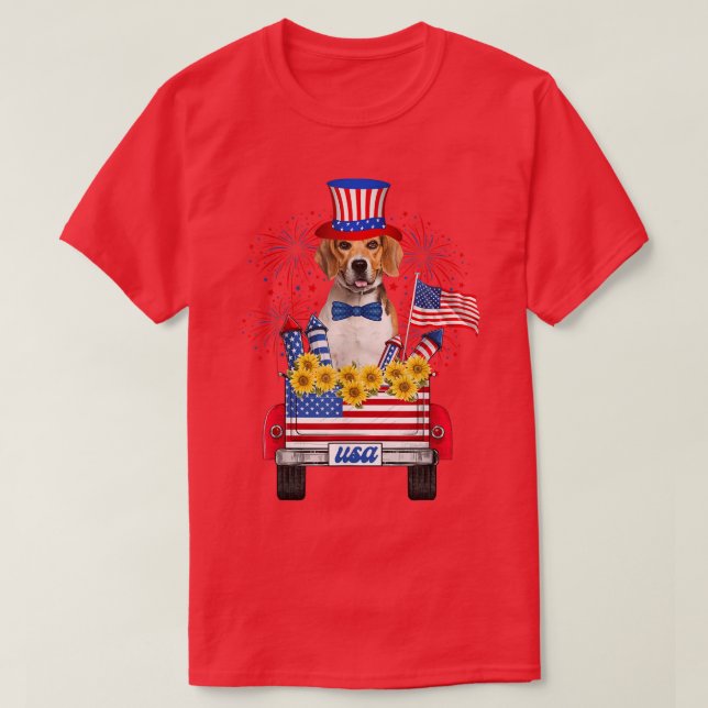Beagle Firework Sunflower America Dog 4th of July  T-Shirt (Design Front)