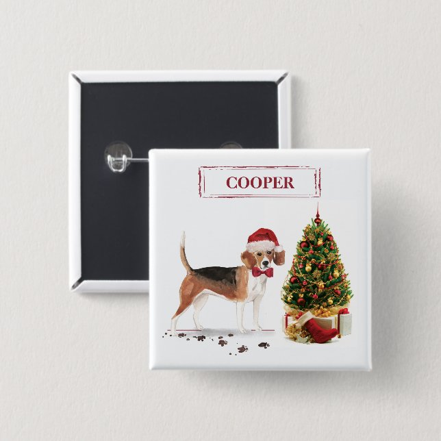 Beagle Funny Christmas Dog with Tree 15 Cm Square Badge (Front & Back)