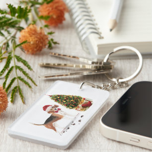 Beagle Funny Christmas Dog with Tree Key Ring