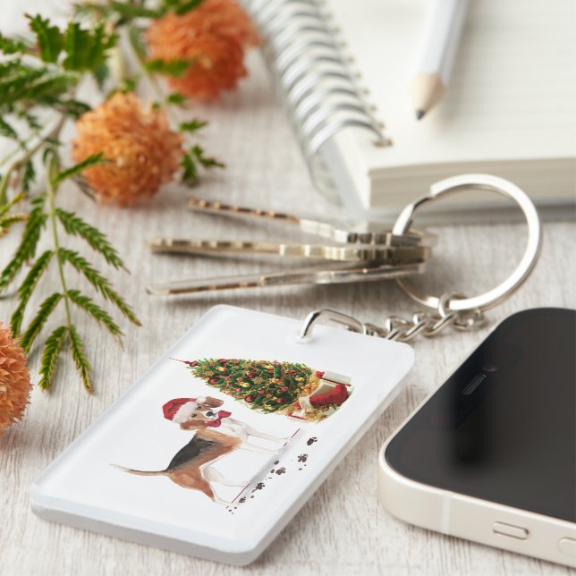 Beagle Funny Christmas Dog with Tree Key Ring (Front Right)