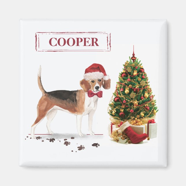 Beagle Funny Christmas Dog with Tree Magnet (Front)