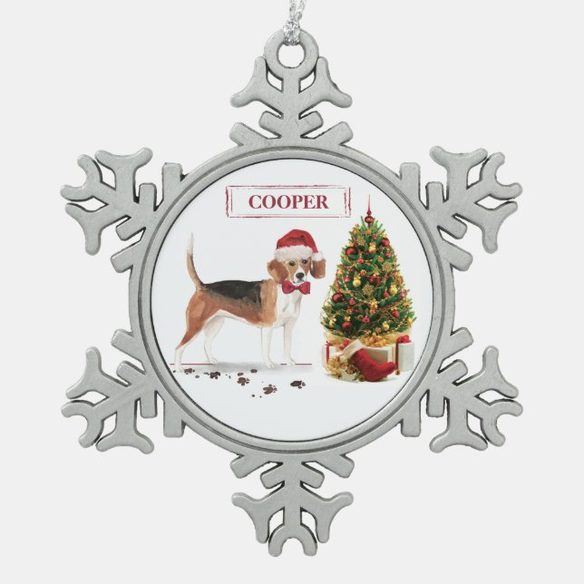 Beagle Funny Christmas Dog with Tree Snowflake Pewter Christmas Ornament (Front)