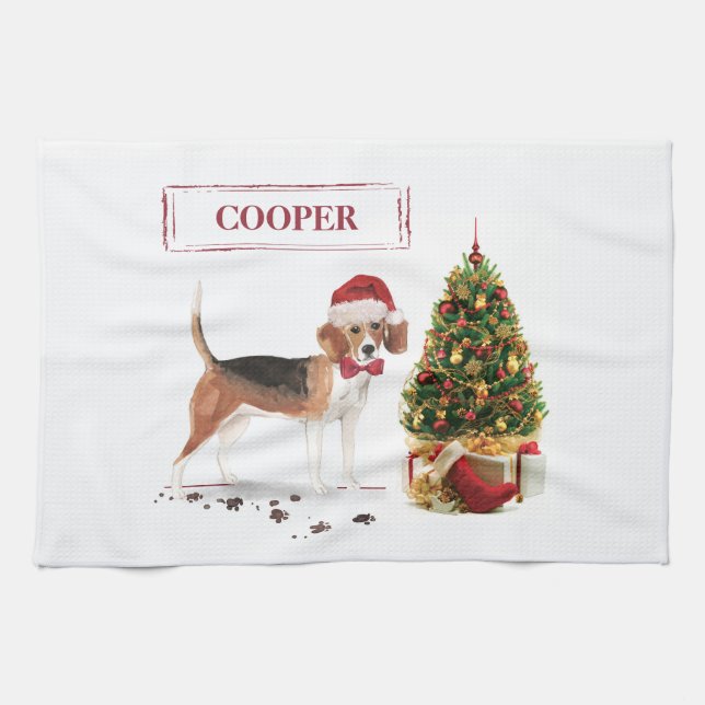 Beagle Funny Christmas Dog with Tree Tea Towel (Horizontal)