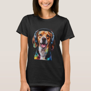 Beagle Headphones Dog Funny Animal Art Print Graph T-Shirt
