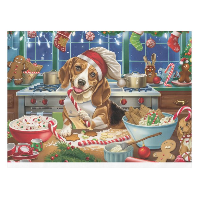 Beagle Holiday Baking: Festive Christmas Tablecloth (Front (Horizontal))