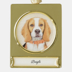 Beagle Hound Dog Painting Original Animal Art Gold Plated Banner Ornament