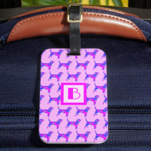 Beagle Hound Dog Pink & Blue Silhouette Monogram Luggage Tag