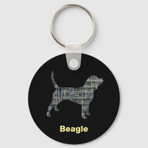 Beagle Hound Dog Silhouette Yellow & Black Grid Key Ring