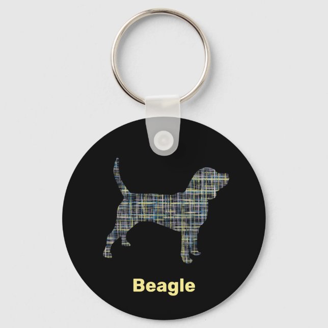 Beagle Hound Dog Silhouette Yellow & Black Grid Key Ring (Front)