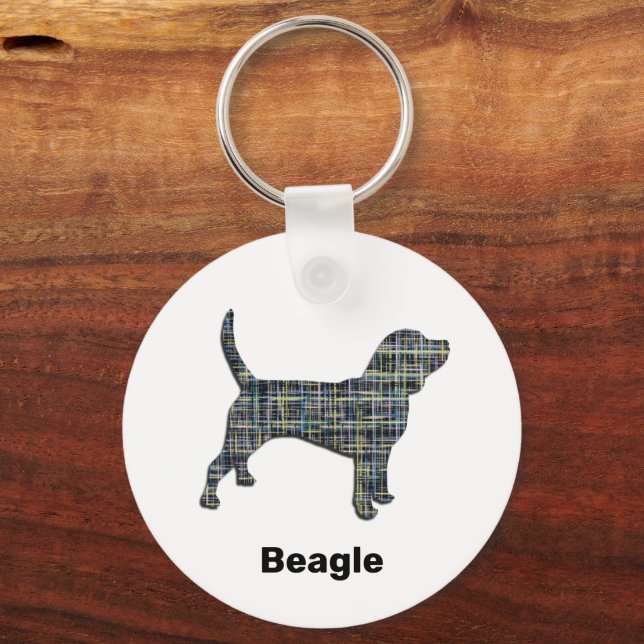 Beagle Hound Dog Silhouette Yellow & White Grid Key Ring (Front)