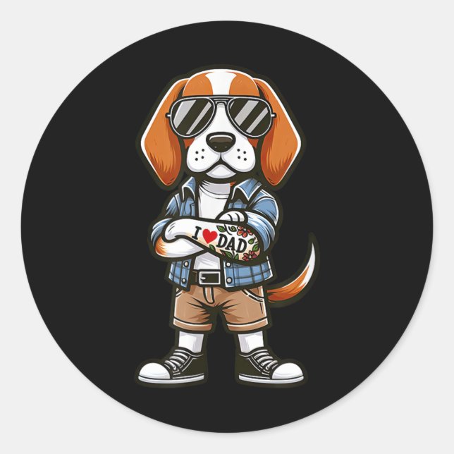 Beagle I Love Dad Funny Dog Tattoo  Classic Round Sticker (Front)