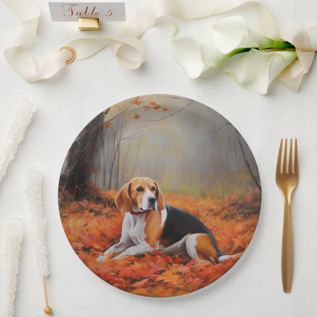 Beagle in Autumn Leaves Fall Inspire  Paper Plate (Wedding)