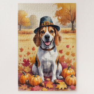 Beagle In Autumn Leaves Thanksgiving Art  Jigsaw Puzzle
