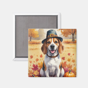 Beagle In Autumn Leaves Thanksgiving Art Magnet