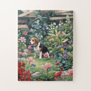 Beagle in Garden floral gift, animal lover Jigsaw Puzzle