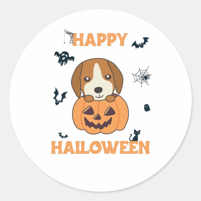 Beagle In Pumpkin Sweet Dogs Happy Halloween Classic Round Sticker (Front)
