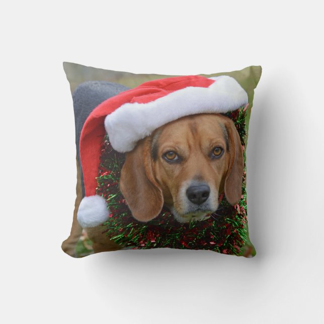 Beagle In Santa Hat & Christmas Garland Cushion (Front)
