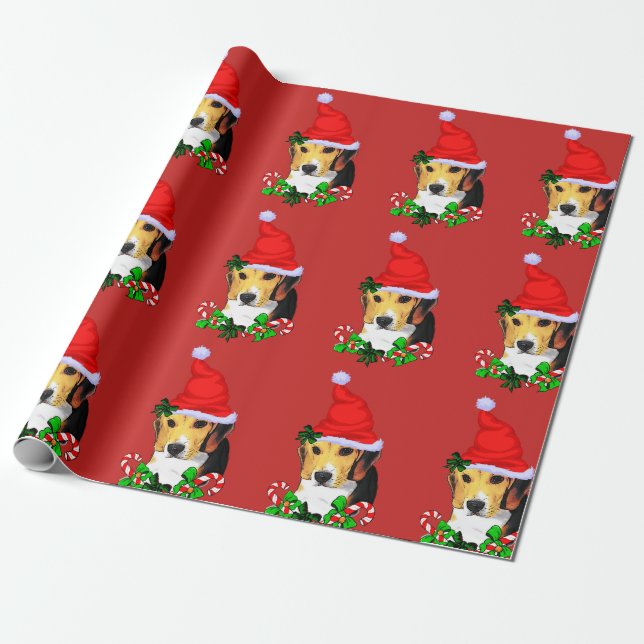 Beagle in Santa Hat Christmas Wrapping Paper (Unrolled)