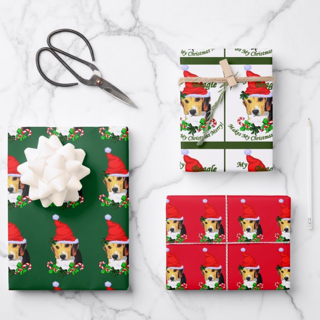 Beagle in Santa Hat Christmas Wrapping Paper Sheet (Front)