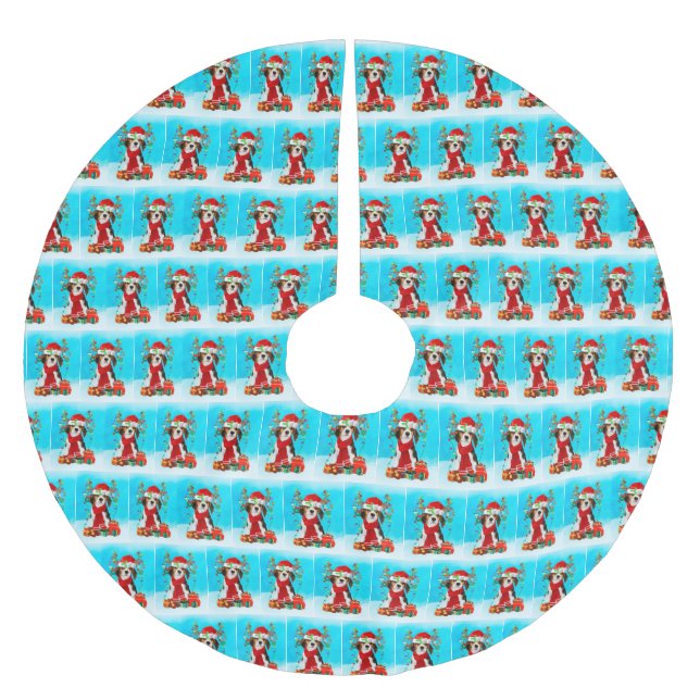 Beagle in snow with Christmas gifts and Dog House Brushed Polyester Tree Skirt (Front)