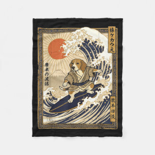 Beagle japanese surfing kanagawa wave funny samura fleece blanket