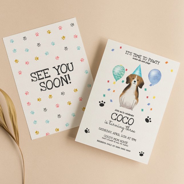 Beagle Lets Pawty Dog Puppy Birthday Blue Invitation (Creator Uploaded)