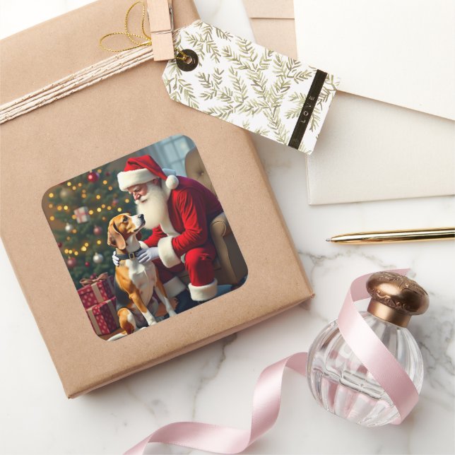Beagle Meets Santa Christmas Painting Square Sticker (Gifting)
