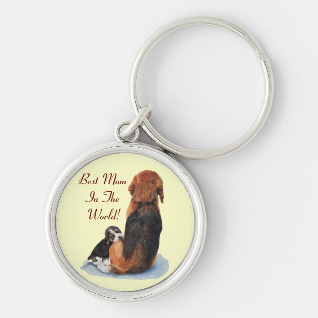 beagle mom dog with very cute puppy key ring (Front)