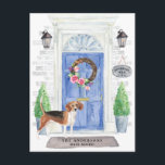Beagle Moving Announcement Postcard<br><div class="desc">Announce your new address with our stylish announcement featuring a Beagle,  blue front door,  welcome mat,  slate sign,  topiaries and a floral wreath set on a grey brick background.</div>