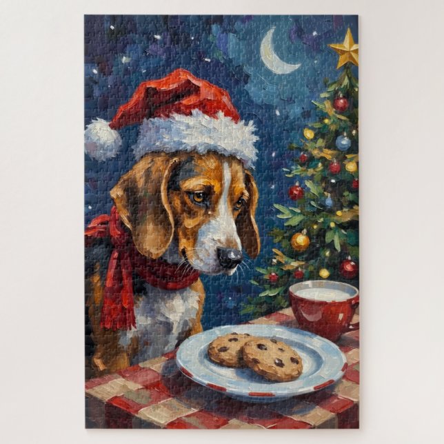 Beagle Nudging Santa's Christmas Cookies Hat Jigsaw Puzzle (Vertical)