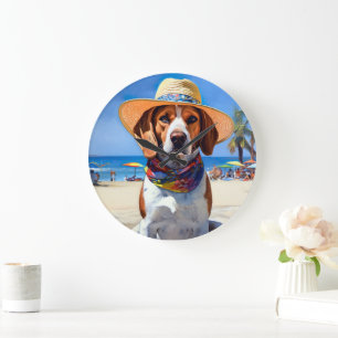 Beagle on Beach, summer gift for dog lovers  Large Clock